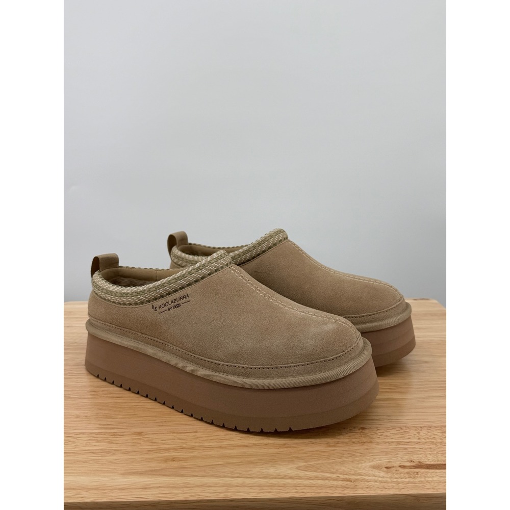 NWT Koolaburra UGG Burree Platform Slippers Womens 7 Desert Stone Suede Faux Fur